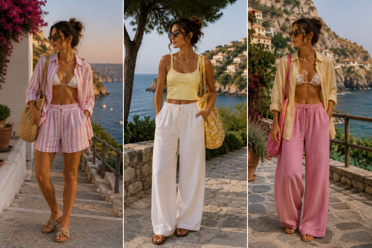 Cohesive coastal outfit options styled in a shared resort palette.