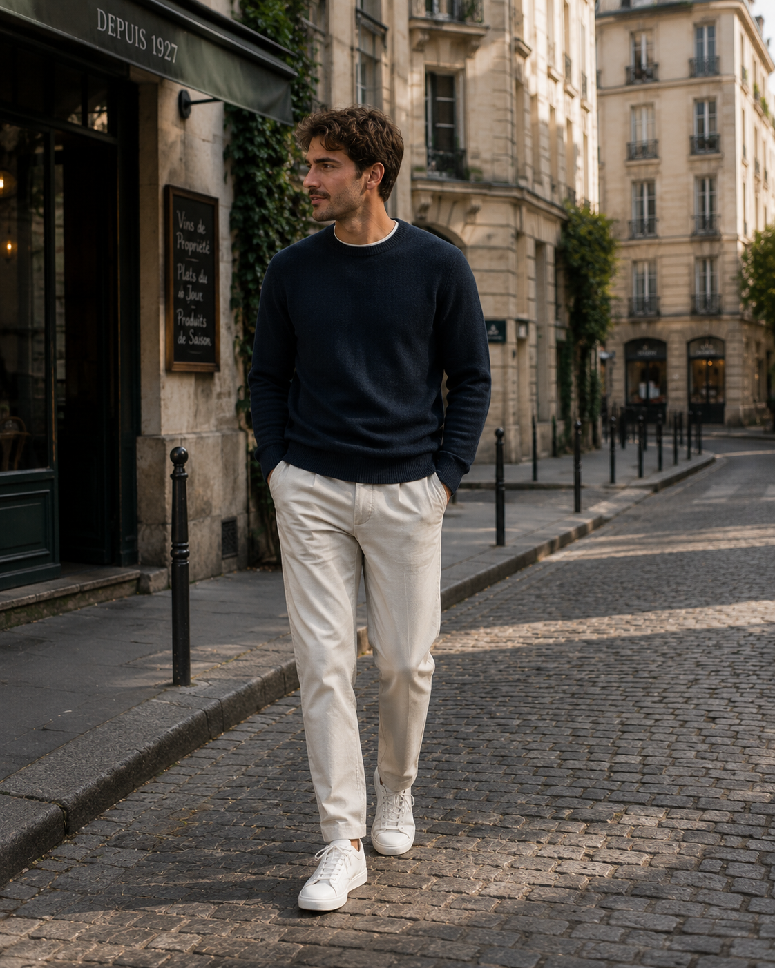 A man in khaki trousers and a navy sweater on a historic city street.