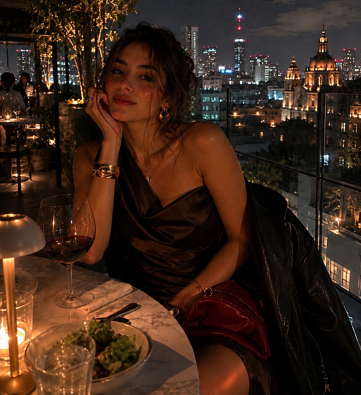 Sofia at a candlelit rooftop dinner in Mexico City.