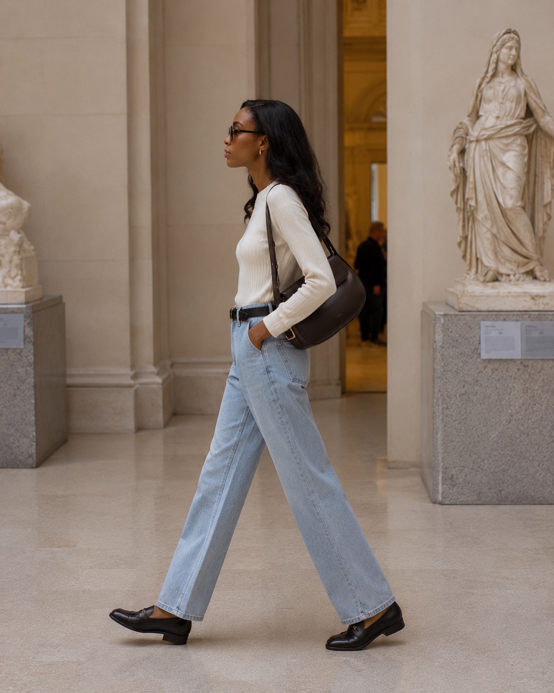 Nora walking through a New York museum in a polished day-out look.
